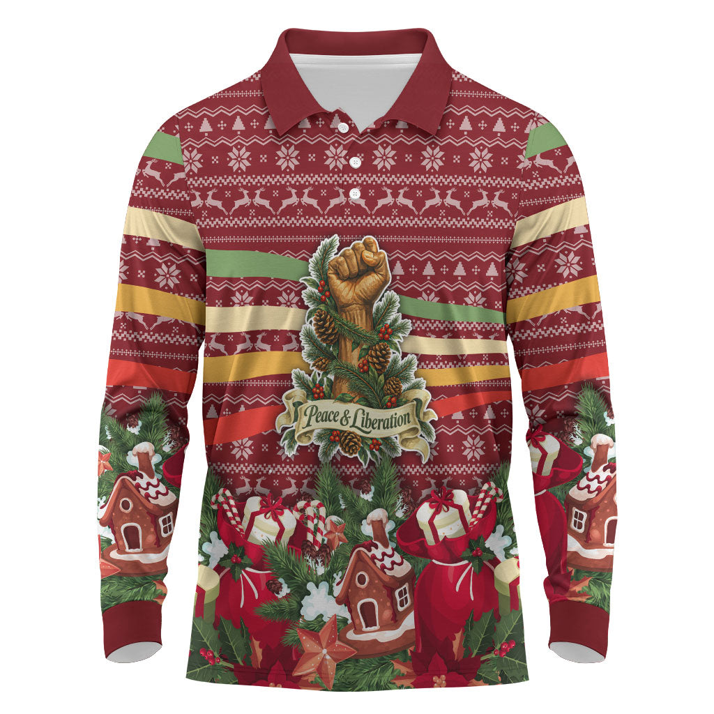 Malcolm X Peace And Liberation Christmas Long Sleeve Polo Shirt Pattern Pan African Colors Xmas Holiday