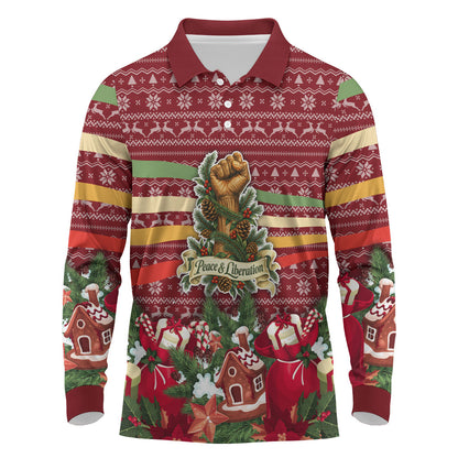 Malcolm X Peace And Liberation Christmas Long Sleeve Polo Shirt Pattern Pan African Colors Xmas Holiday