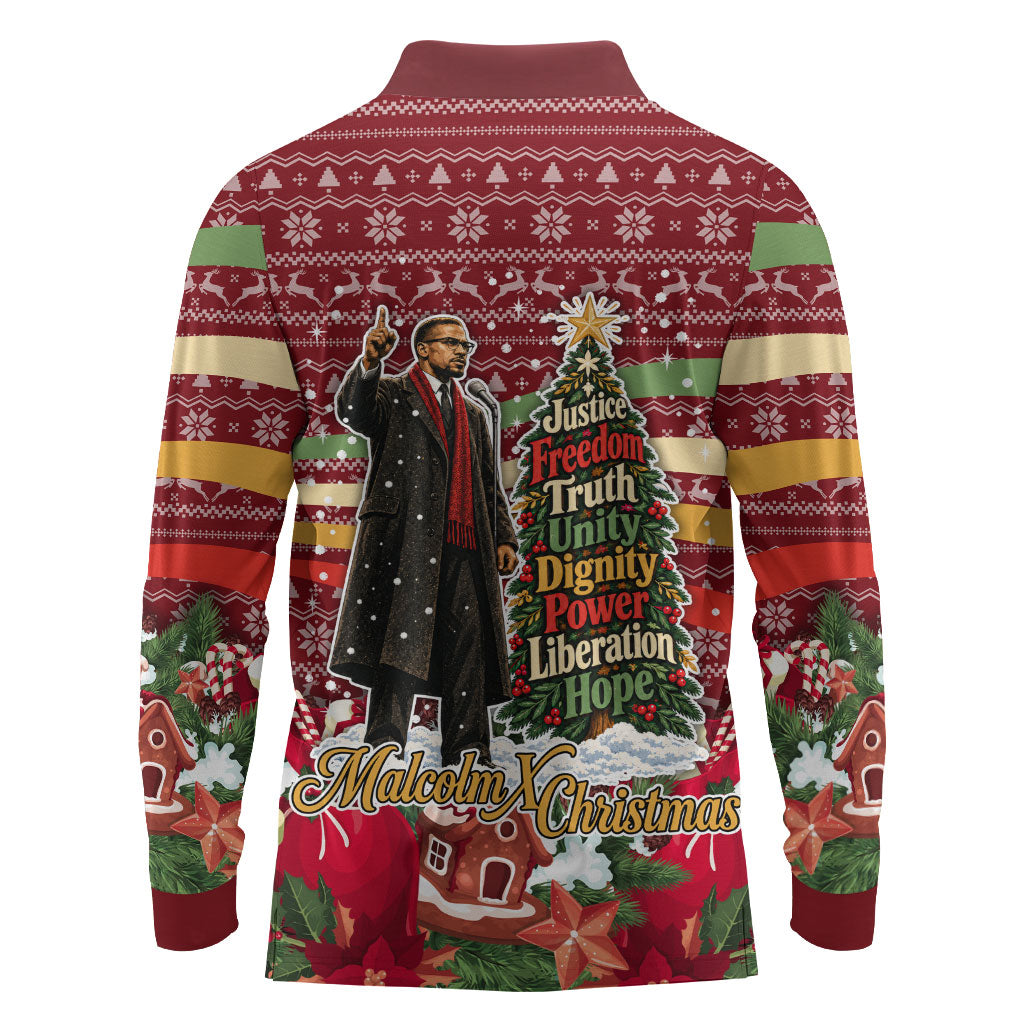 Malcolm X Peace And Liberation Christmas Long Sleeve Polo Shirt Pattern Pan African Colors Xmas Holiday