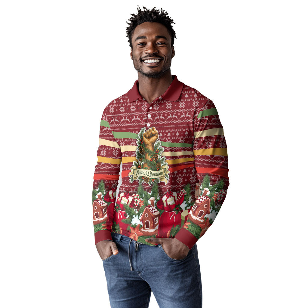 Malcolm X Peace And Liberation Christmas Long Sleeve Polo Shirt Pattern Pan African Colors Xmas Holiday