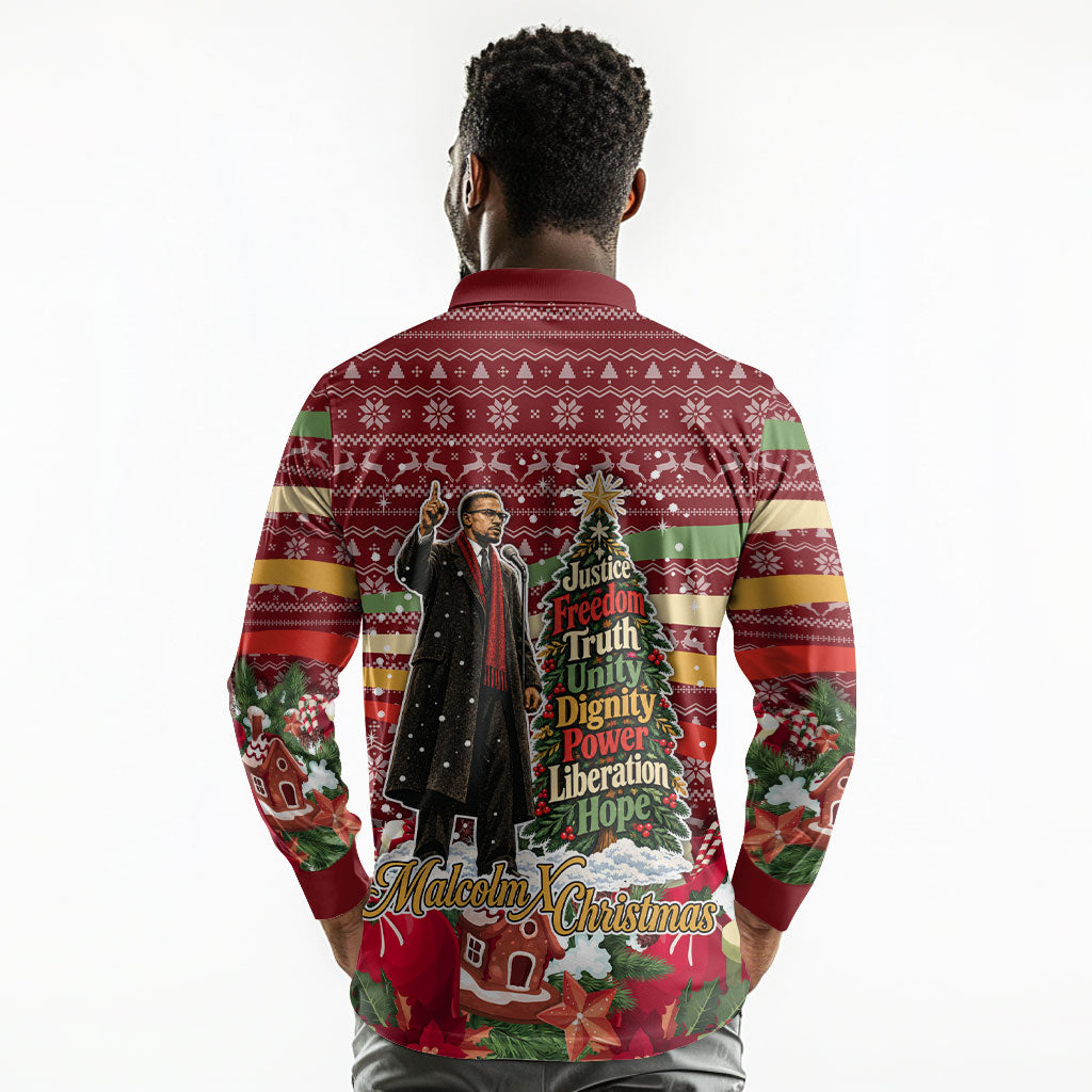 Malcolm X Peace And Liberation Christmas Long Sleeve Polo Shirt Pattern Pan African Colors Xmas Holiday