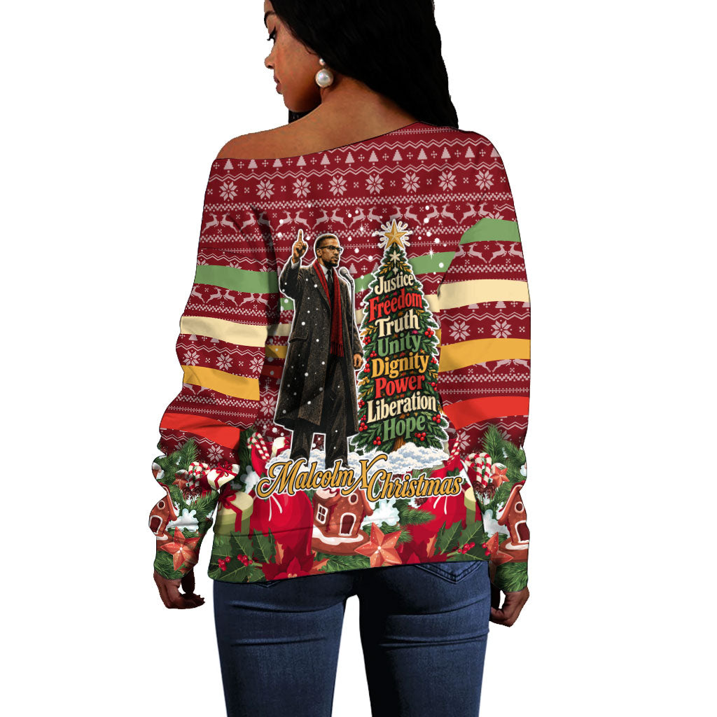 Malcolm X Peace And Liberation Christmas Off Shoulder Sweater Pattern Pan African Colors Xmas Holiday