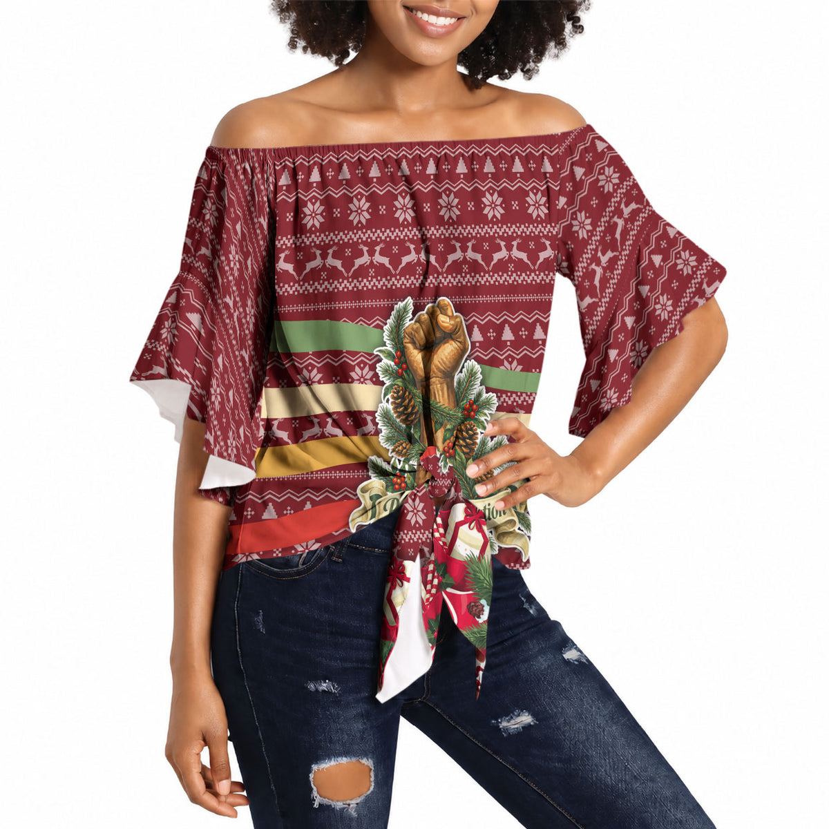 Malcolm X Peace And Liberation Christmas Off Shoulder Wrap Waist Top Pattern Pan African Colors Xmas Holiday