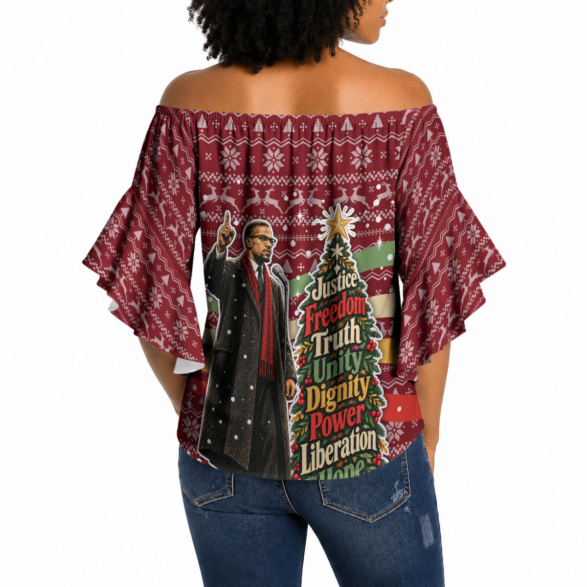 Malcolm X Peace And Liberation Christmas Off Shoulder Wrap Waist Top Pattern Pan African Colors Xmas Holiday