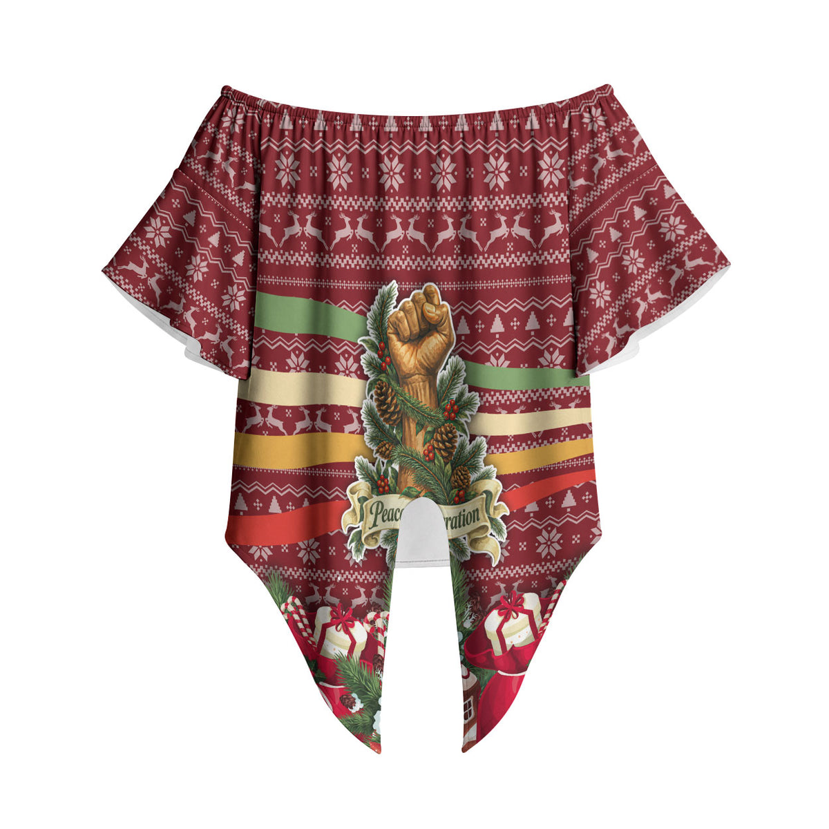 Malcolm X Peace And Liberation Christmas Off Shoulder Wrap Waist Top Pattern Pan African Colors Xmas Holiday