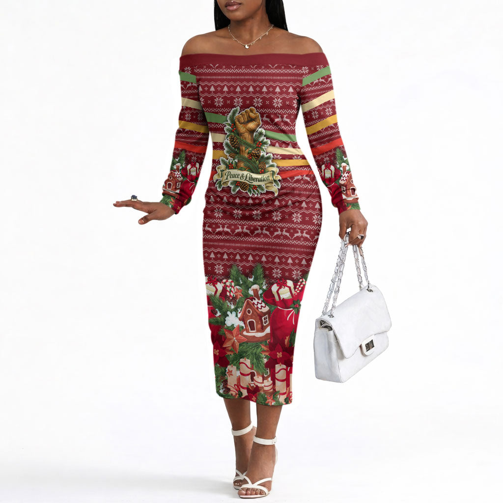 Malcolm X Peace And Liberation Christmas Off The Shoulder Long Sleeve Dress Pattern Pan African Colors Xmas Holiday