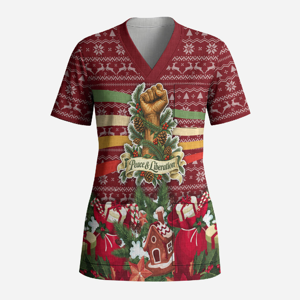 Malcolm X Peace And Liberation Christmas Scrub Top Pattern Pan African Colors Xmas Holiday