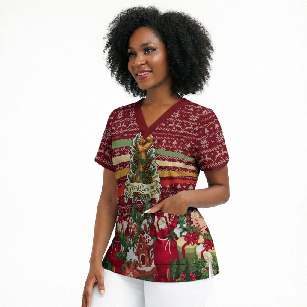 Malcolm X Peace And Liberation Christmas Scrub Top Pattern Pan African Colors Xmas Holiday