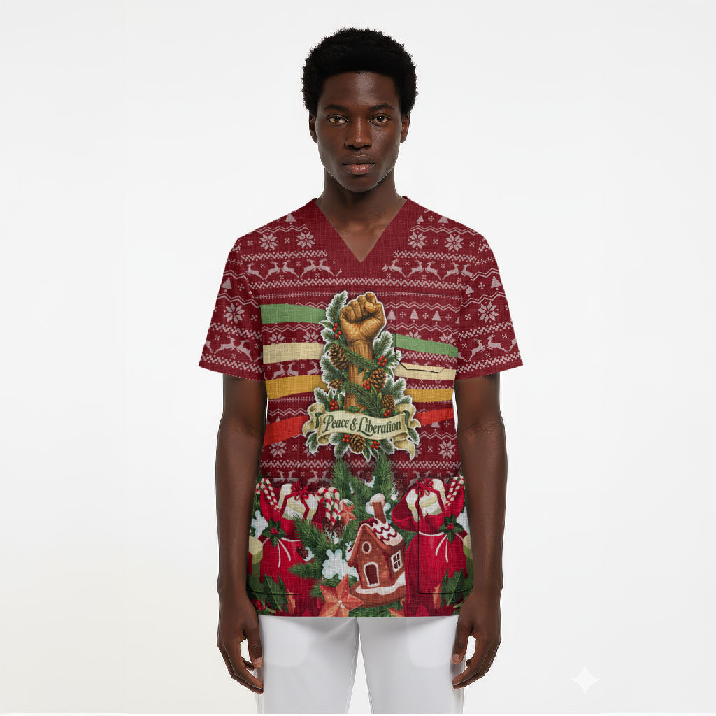 Malcolm X Peace And Liberation Christmas Scrub Top Pattern Pan African Colors Xmas Holiday