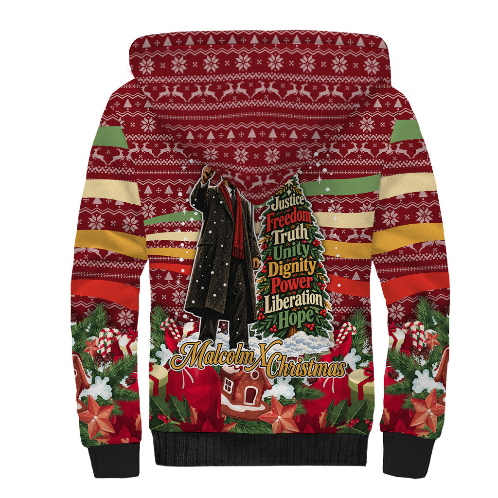 Malcolm X Peace And Liberation Christmas Sherpa Hoodie Pattern Pan African Colors Xmas Holiday