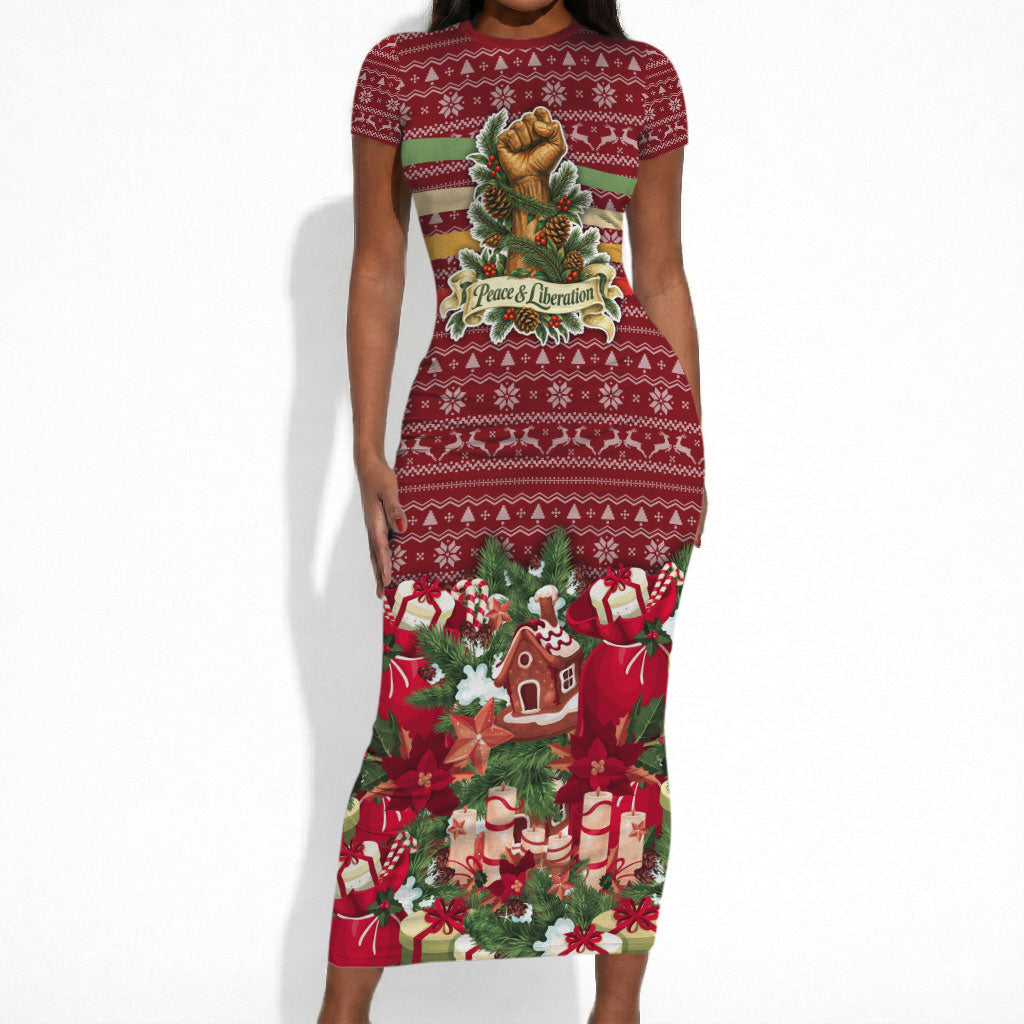 Malcolm X Peace And Liberation Christmas Short Sleeve Bodycon Dress Pattern Pan African Colors Xmas Holiday
