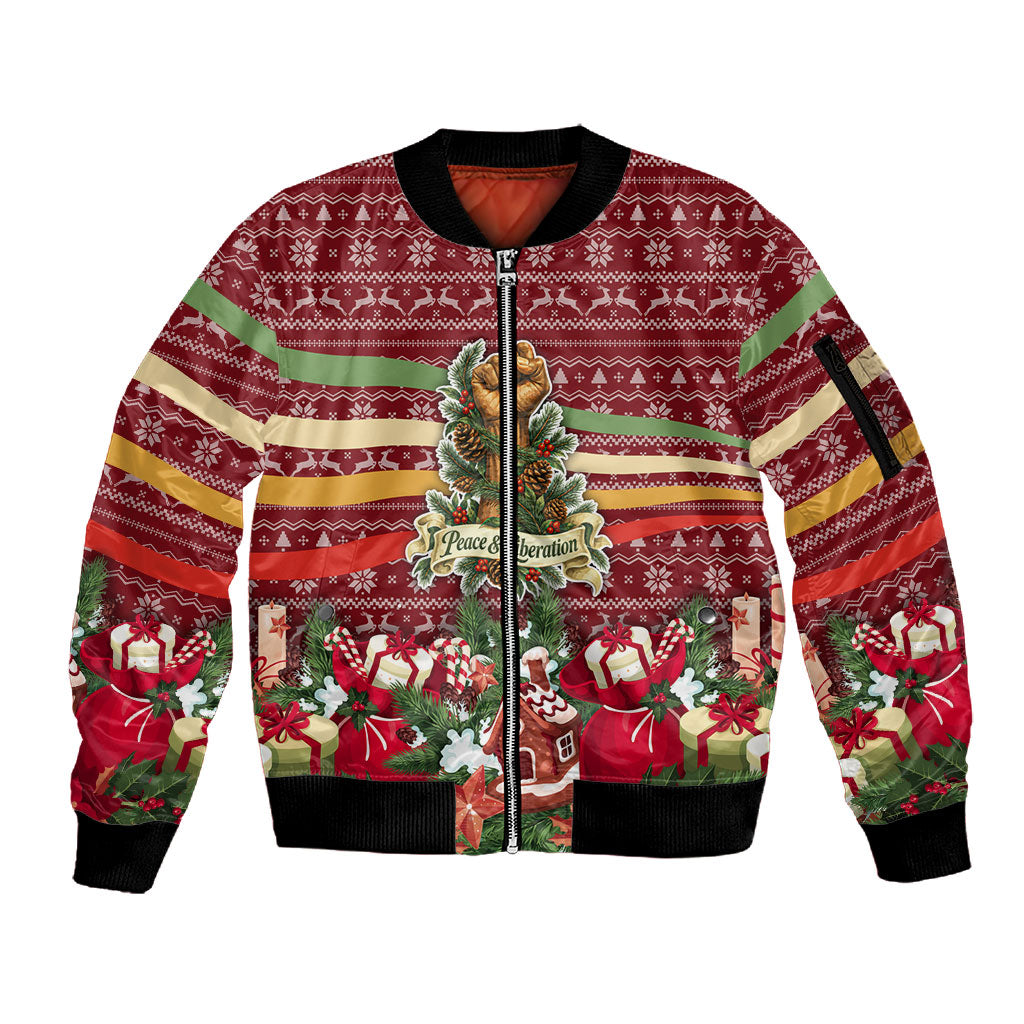 Malcolm X Peace And Liberation Christmas Sleeve Zip Bomber Jacket Pattern Pan African Colors Xmas Holiday