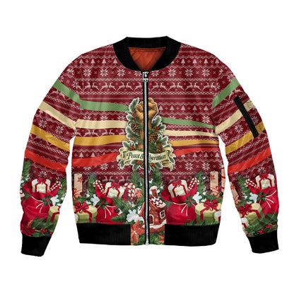 Malcolm X Peace And Liberation Christmas Sleeve Zip Bomber Jacket Pattern Pan African Colors Xmas Holiday