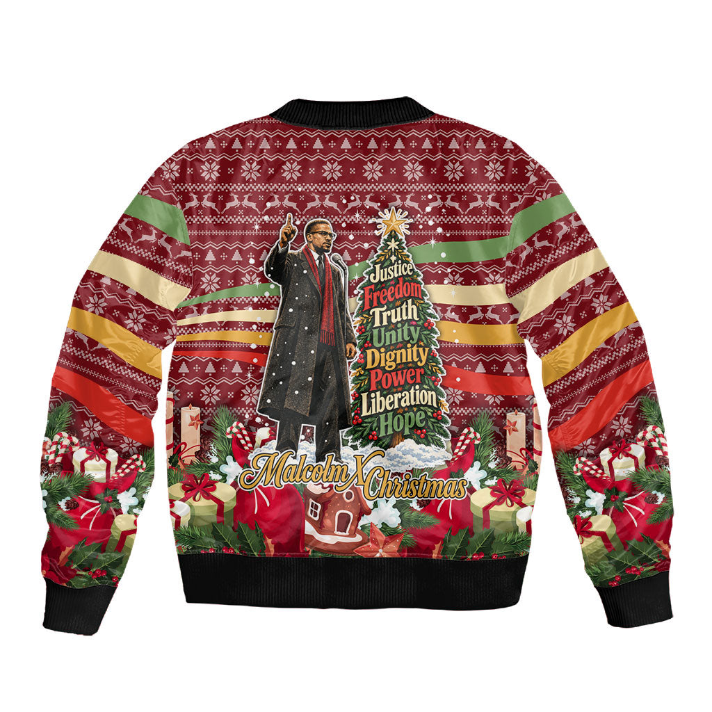 Malcolm X Peace And Liberation Christmas Sleeve Zip Bomber Jacket Pattern Pan African Colors Xmas Holiday