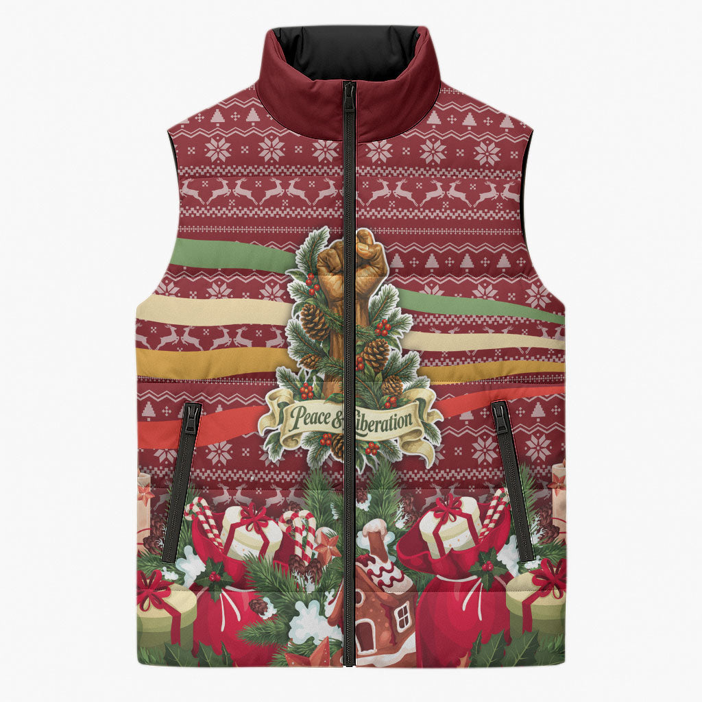 Malcolm X Peace And Liberation Christmas Sleeveless Puffer Jacket Pattern Pan African Colors Xmas Holiday
