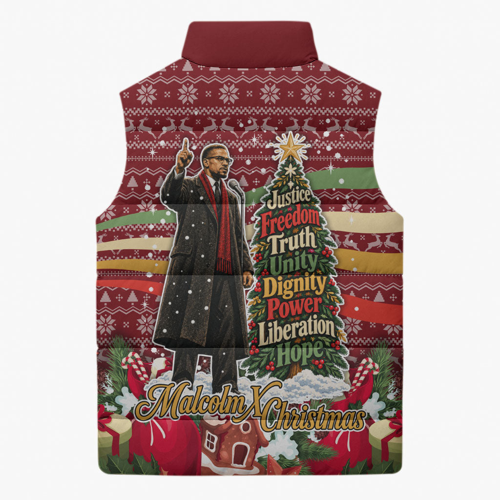 Malcolm X Peace And Liberation Christmas Sleeveless Puffer Jacket Pattern Pan African Colors Xmas Holiday