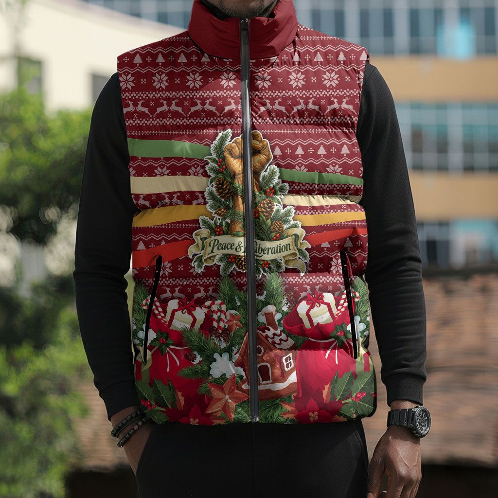 Malcolm X Peace And Liberation Christmas Sleeveless Puffer Jacket Pattern Pan African Colors Xmas Holiday