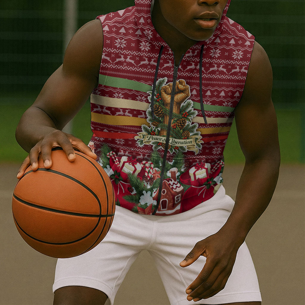 Malcolm X Peace And Liberation Christmas Sleeveless Zip Hoodie Pattern Pan African Colors Xmas Holiday