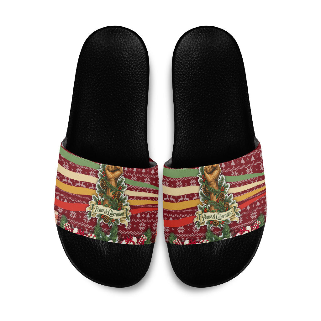 Malcolm X Peace And Liberation Christmas Slide Sandals Pattern Pan African Colors Xmas Holiday