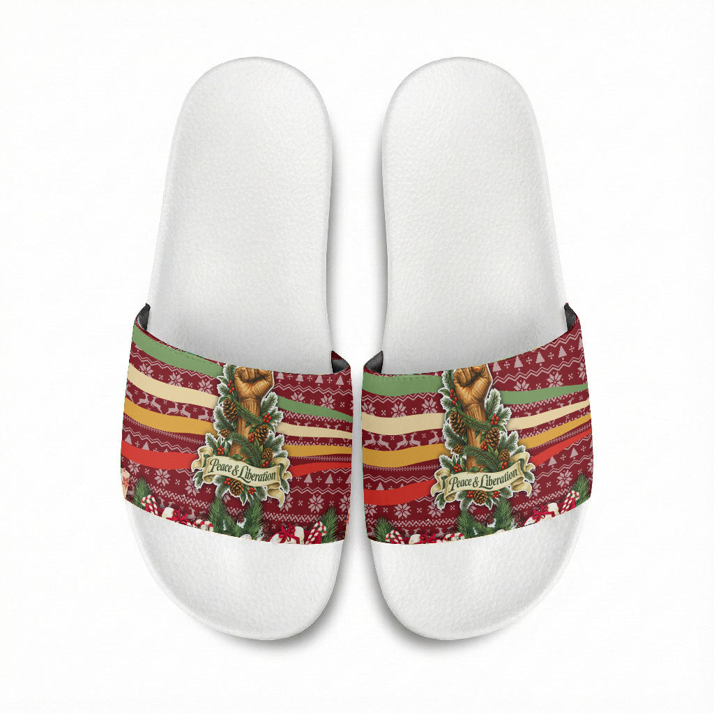 Malcolm X Peace And Liberation Christmas Slide Sandals Pattern Pan African Colors Xmas Holiday