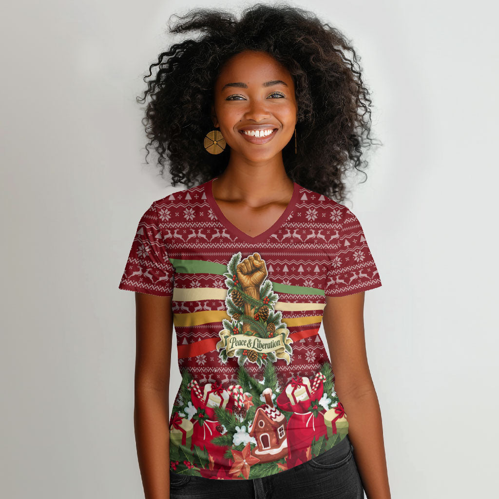 Malcolm X Peace And Liberation Christmas Women V-Neck T-Shirt Pattern Pan African Colors Xmas Holiday