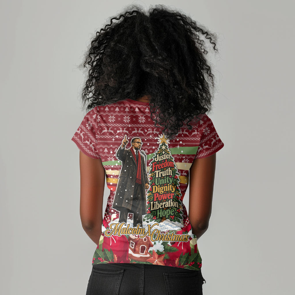 Malcolm X Peace And Liberation Christmas Women V-Neck T-Shirt Pattern Pan African Colors Xmas Holiday