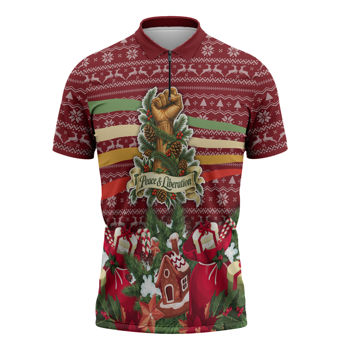 Malcolm X Peace And Liberation Christmas Zipper Polo Shirt Pattern Pan African Colors Xmas Holiday
