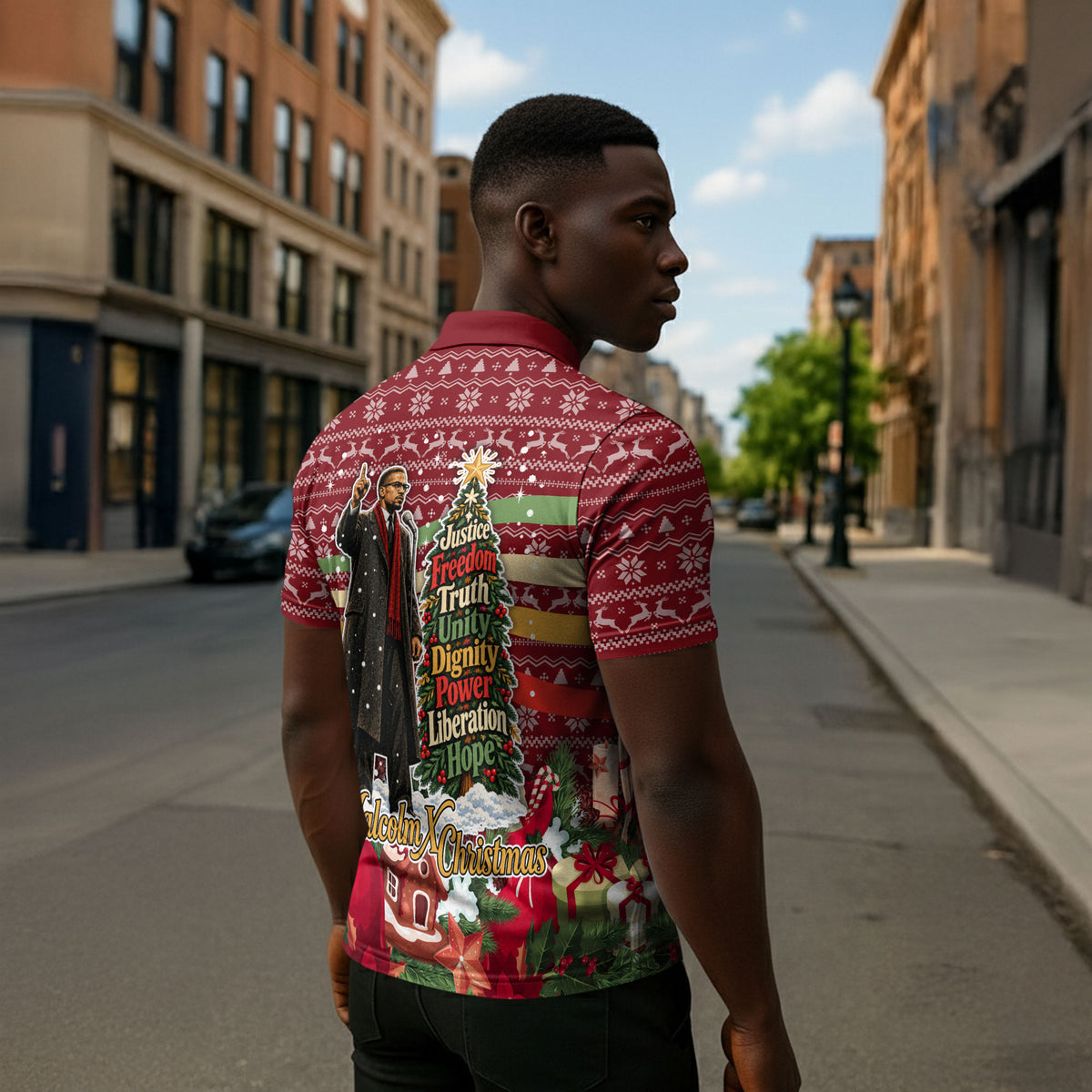 Malcolm X Peace And Liberation Christmas Zipper Polo Shirt Pattern Pan African Colors Xmas Holiday