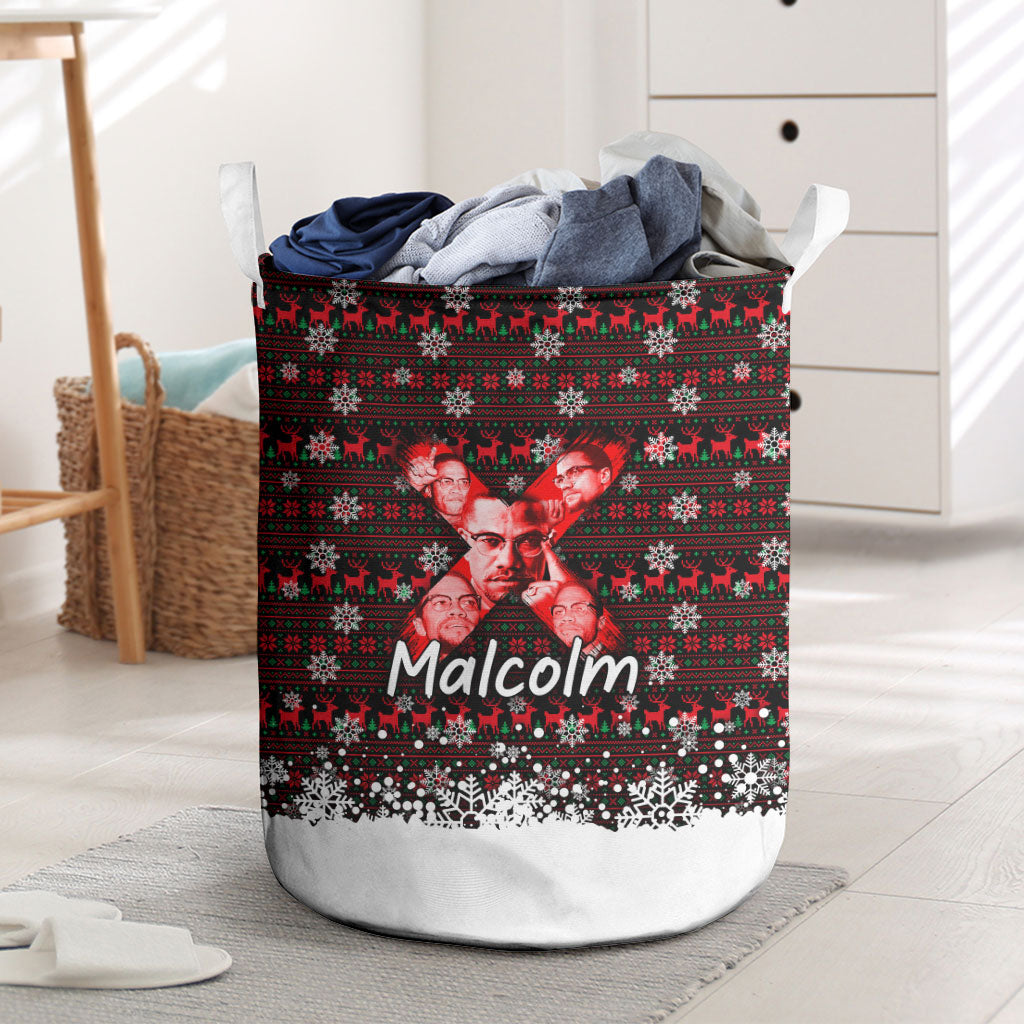 Malcolm X Christmas Laundry Basket Retro Knitted Pattern Holiday Wreath Civil Rights Leader