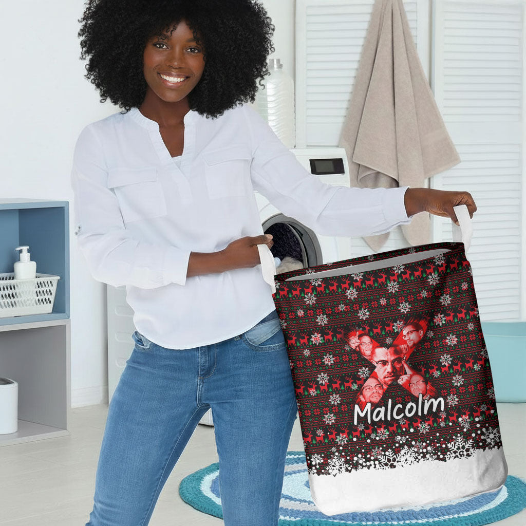 Malcolm X Christmas Laundry Basket Retro Knitted Pattern Holiday Wreath Civil Rights Leader