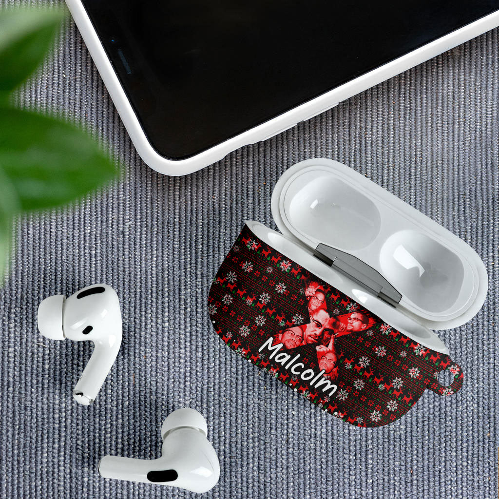 Malcolm X Christmas AirPods Case Retro Knitted Pattern Holiday Wreath Civil Rights Leader