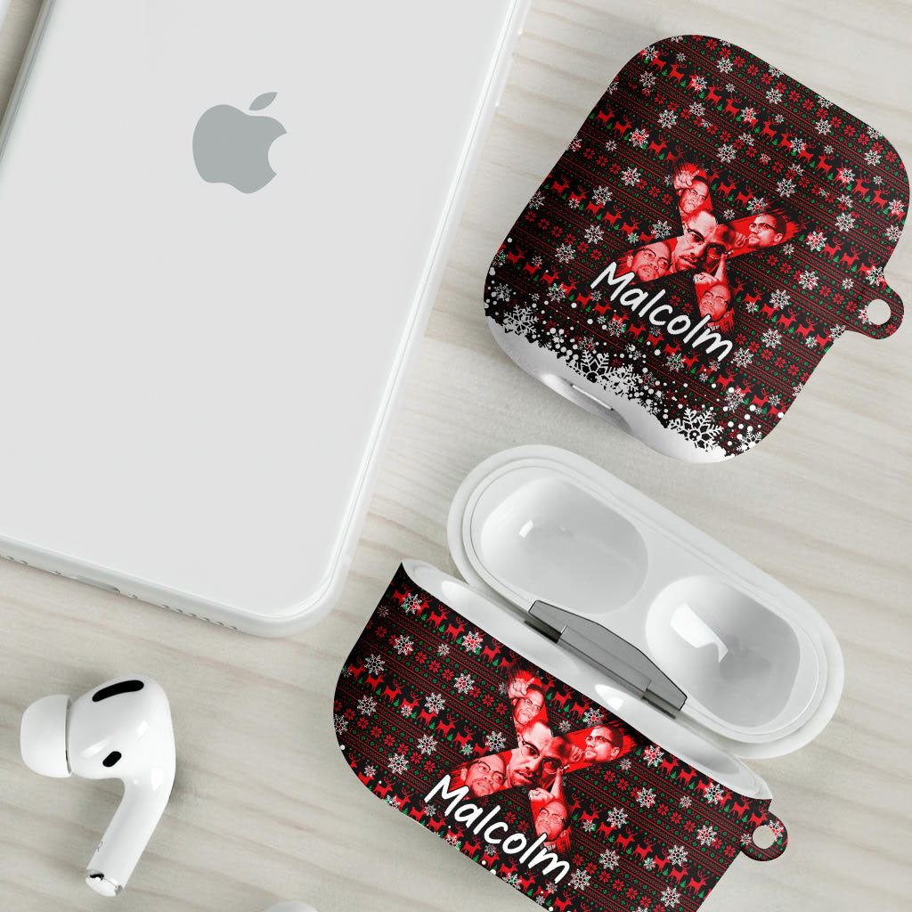Malcolm X Christmas AirPods Case Retro Knitted Pattern Holiday Wreath Civil Rights Leader