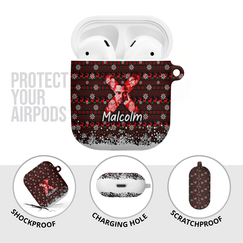 Malcolm X Christmas AirPods Case Retro Knitted Pattern Holiday Wreath Civil Rights Leader