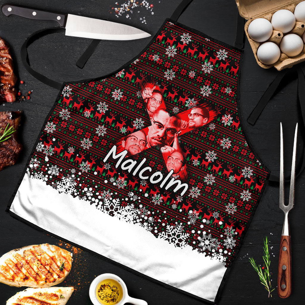 Malcolm X Christmas Apron Retro Knitted Pattern Holiday Wreath Civil Rights Leader