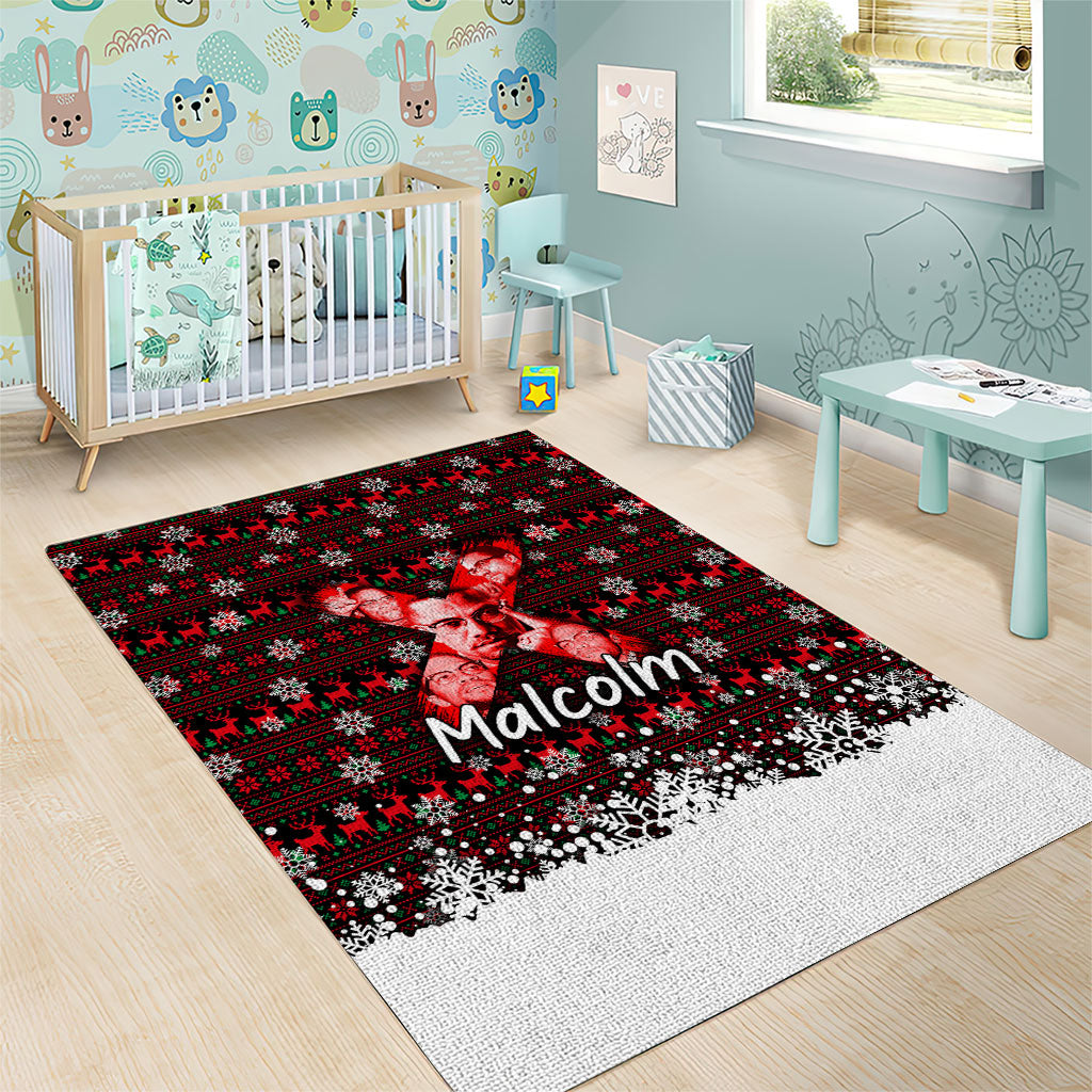 Malcolm X Christmas Area Rug Retro Knitted Pattern Holiday Wreath Civil Rights Leader