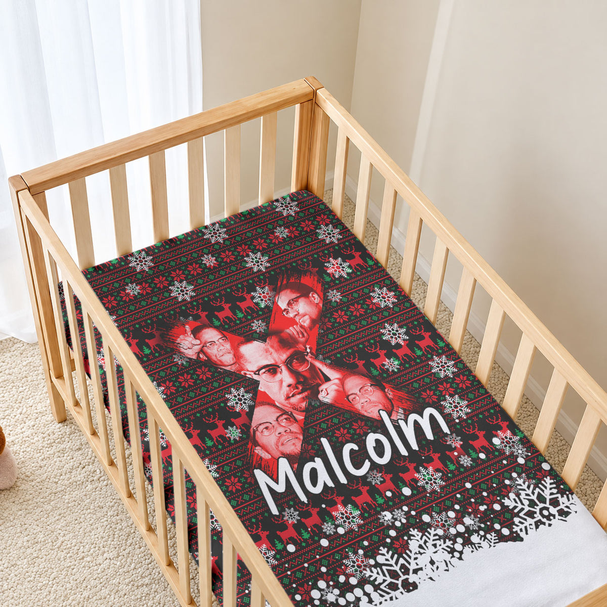 Malcolm X Christmas Baby Bed Cover Retro Knitted Pattern Holiday Wreath Civil Rights Leader