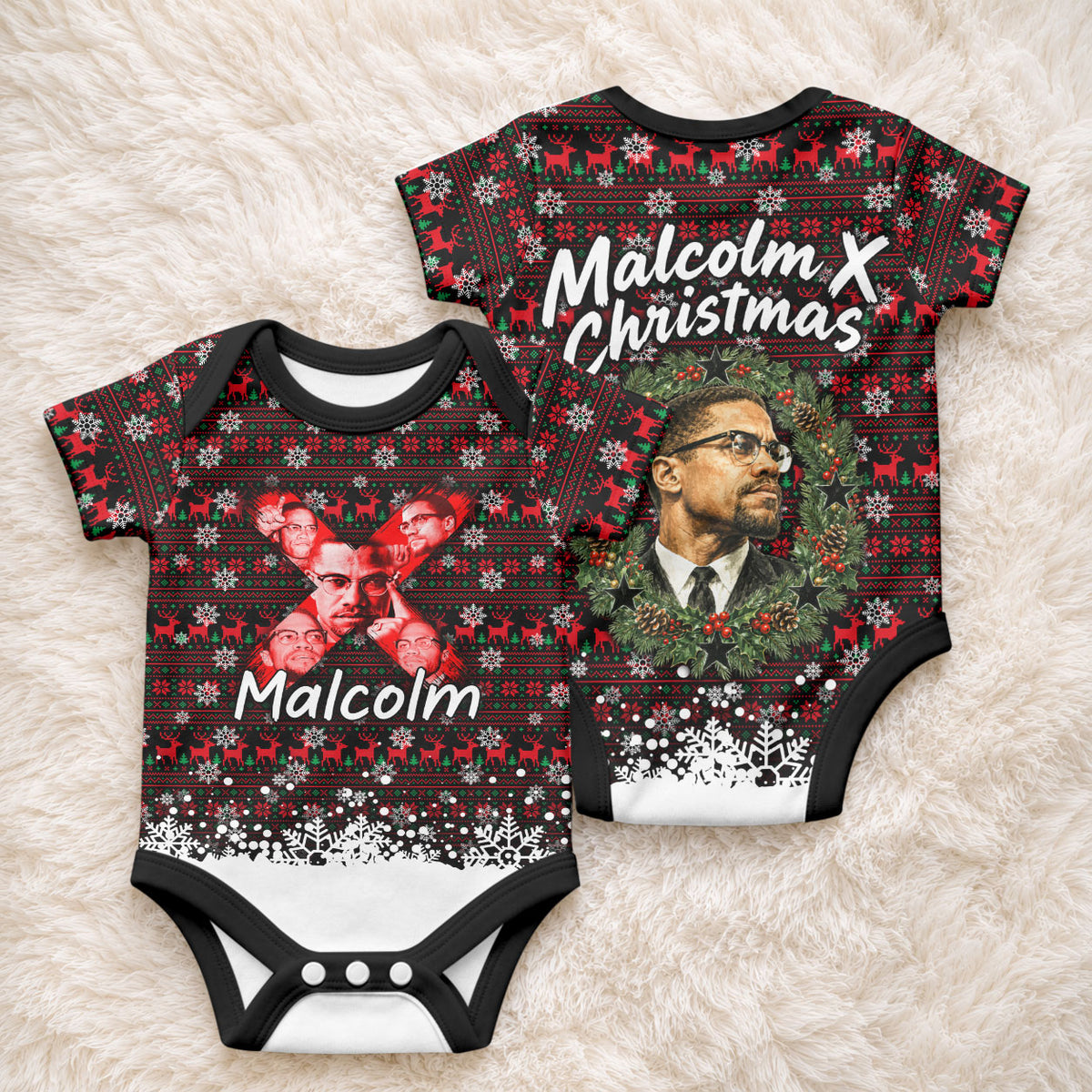 Malcolm X Christmas Baby Onesie Retro Knitted Pattern Holiday Wreath Civil Rights Leader