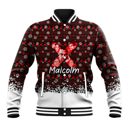 Malcolm X Christmas Baseball Jacket Retro Knitted Pattern Holiday Wreath Civil Rights Leader