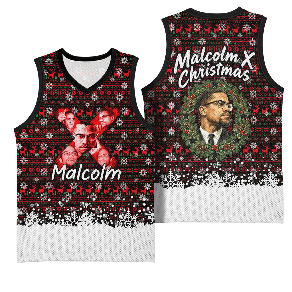 Malcolm X Christmas Basketball Jersey Retro Knitted Pattern Holiday Wreath Civil Rights Leader