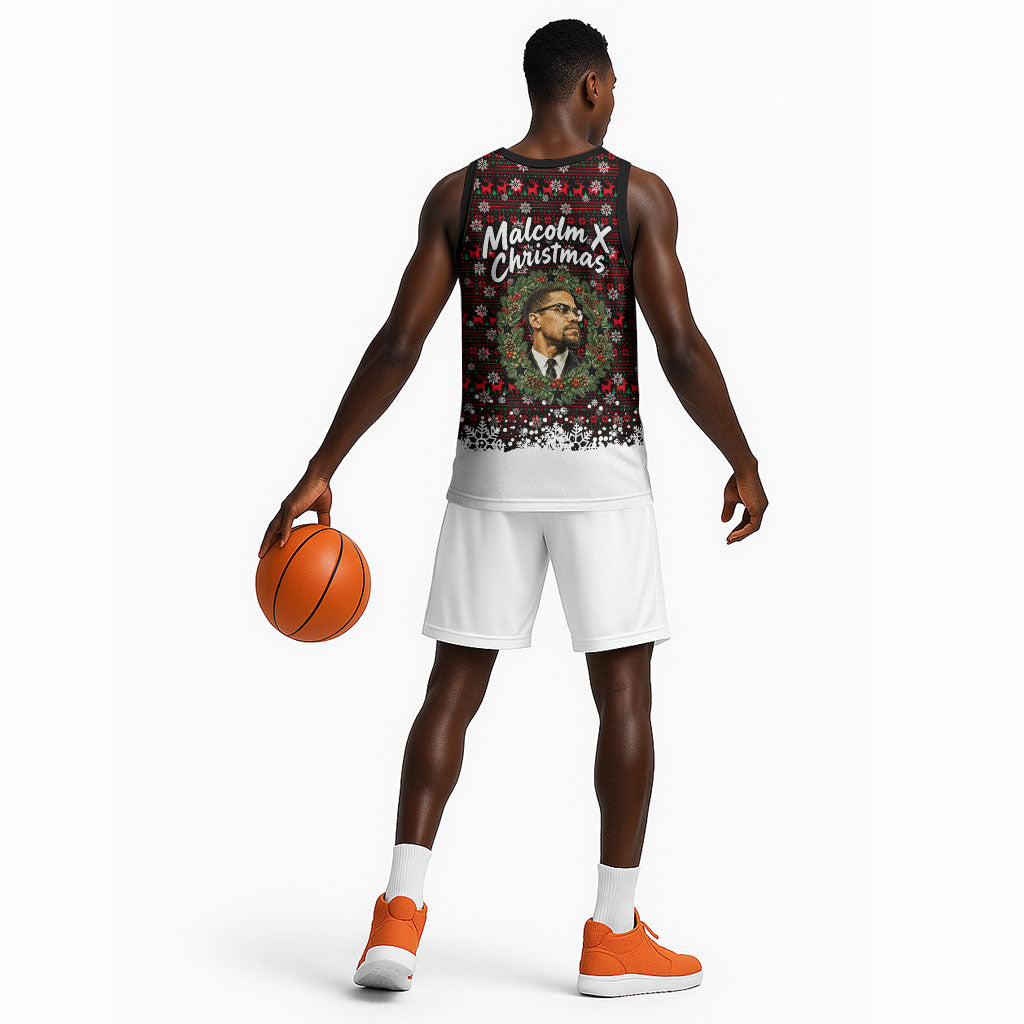 Malcolm X Christmas Basketball Jersey Retro Knitted Pattern Holiday Wreath Civil Rights Leader