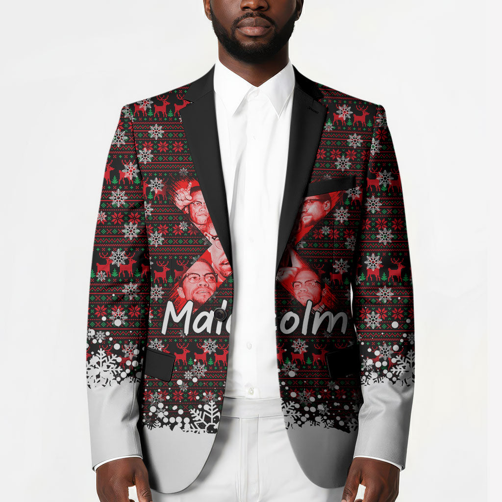 Malcolm X Christmas Blazer Retro Knitted Pattern Holiday Wreath Civil Rights Leader