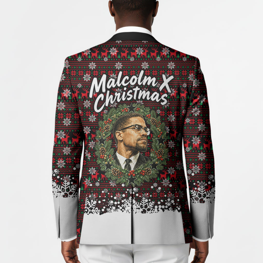 Malcolm X Christmas Blazer Retro Knitted Pattern Holiday Wreath Civil Rights Leader