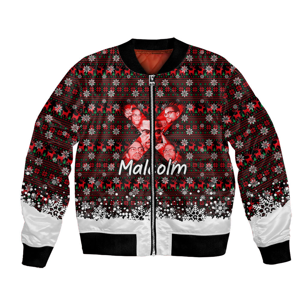 Malcolm X Christmas Bomber Jacket Retro Knitted Pattern Holiday Wreath Civil Rights Leader