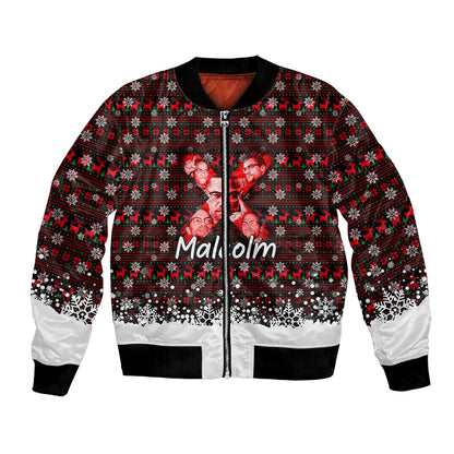 Malcolm X Christmas Bomber Jacket Retro Knitted Pattern Holiday Wreath Civil Rights Leader