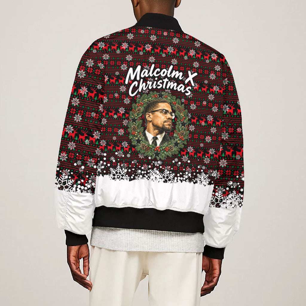 Malcolm X Christmas Bomber Jacket Retro Knitted Pattern Holiday Wreath Civil Rights Leader