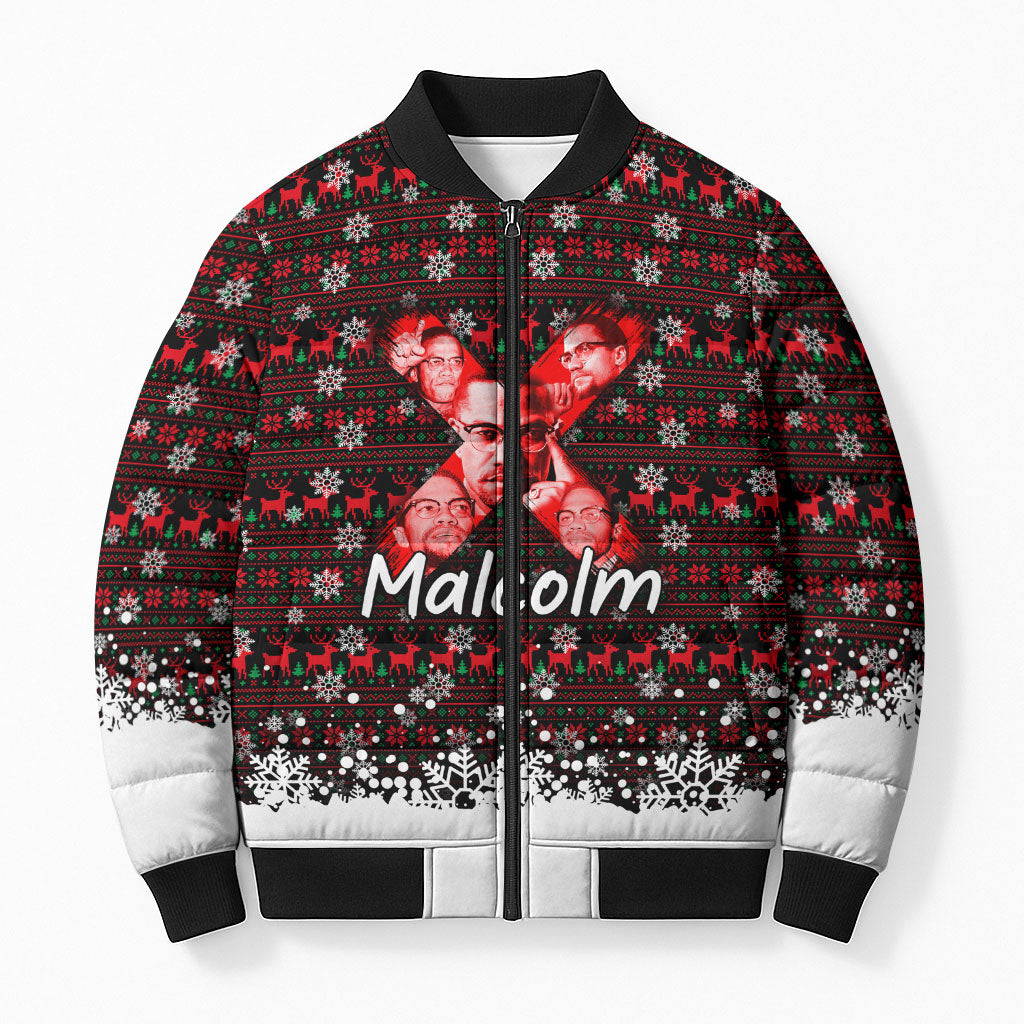 Malcolm X Christmas Bomber Puffer Jacket Retro Knitted Pattern Holiday Wreath Civil Rights Leader