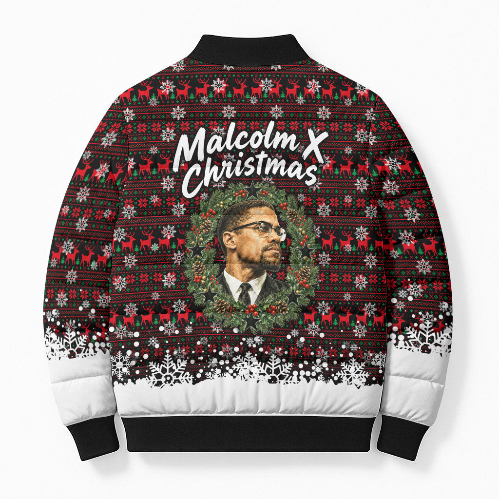 Malcolm X Christmas Bomber Puffer Jacket Retro Knitted Pattern Holiday Wreath Civil Rights Leader