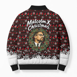 Malcolm X Christmas Bomber Puffer Jacket Retro Knitted Pattern Holiday Wreath Civil Rights Leader