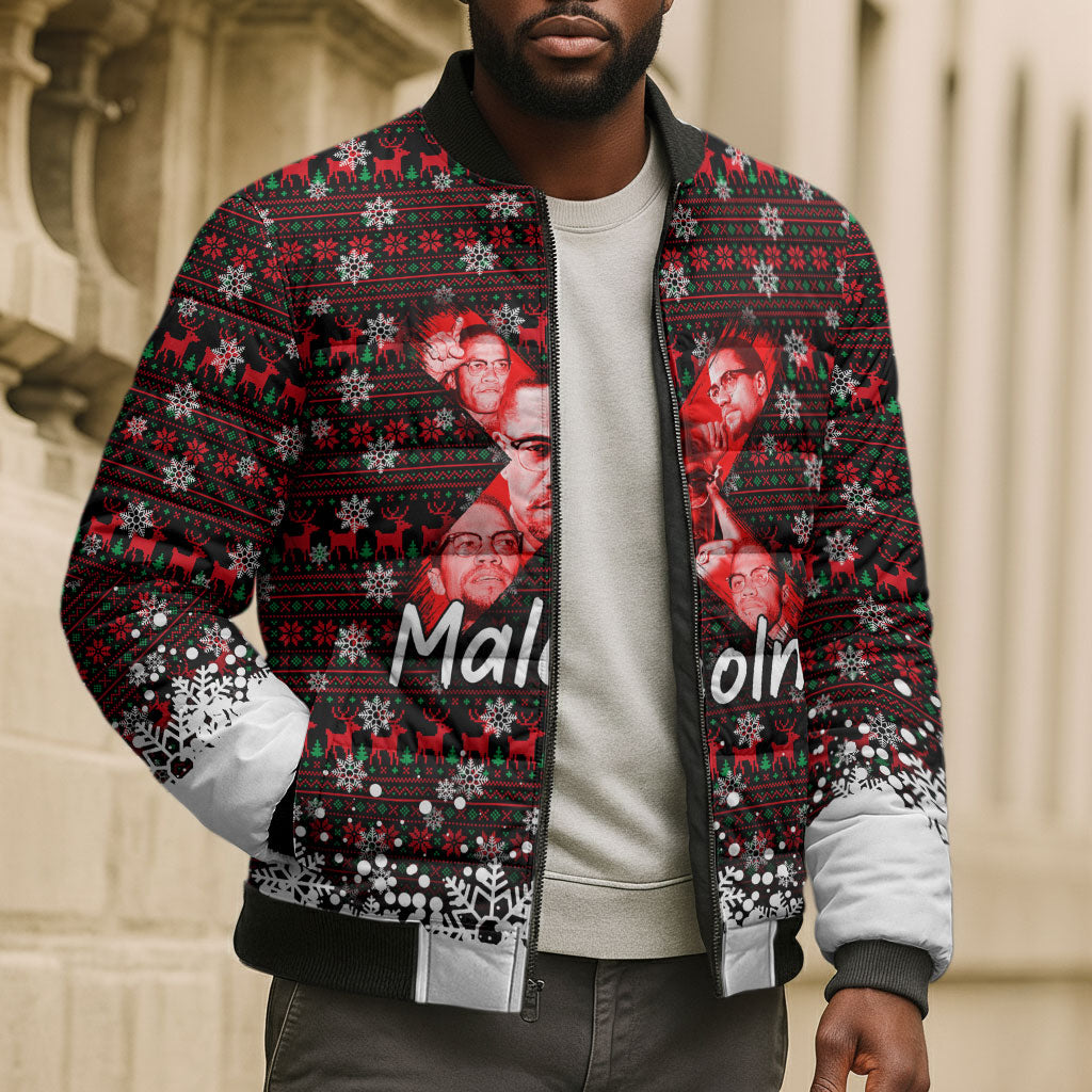 Malcolm X Christmas Bomber Puffer Jacket Retro Knitted Pattern Holiday Wreath Civil Rights Leader
