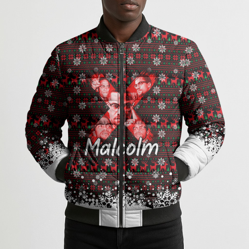 Malcolm X Christmas Bomber Puffer Jacket Retro Knitted Pattern Holiday Wreath Civil Rights Leader